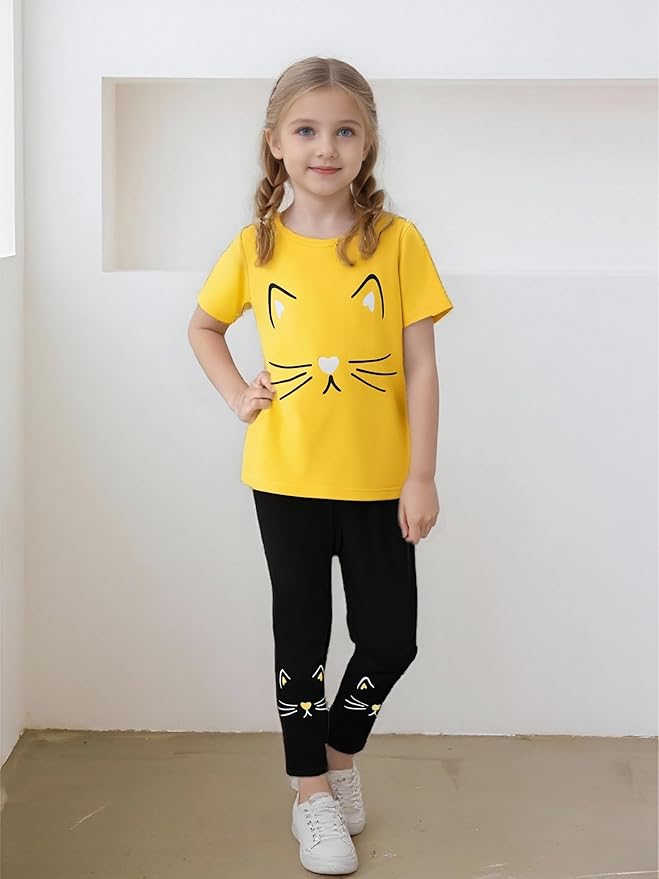 4-8T Toddler Girl Clothes Cat face print Short Sleeve Top+Pants Outfits Girl Spring and summer 2-Piece Set