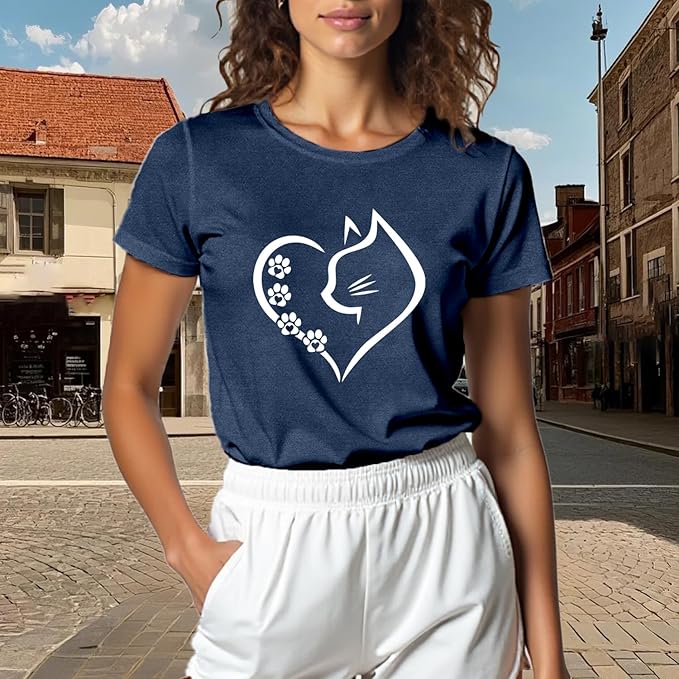 Cat Shirts for Women Cat Mom Tshirts Pet Lover Shirt Cats Paw Print Tee Tops