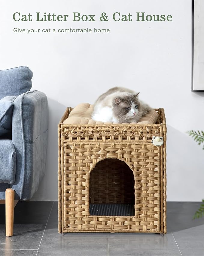 Cat Litter Box Enclosure Furniture, Hidden Litter Box with Mat and Fence, Handwoven Rattan Cat House with Two S-Shaped Hooks for Living Room, Bedroom, 18.5 x 20.5 x 19.1 Inches (Natural)