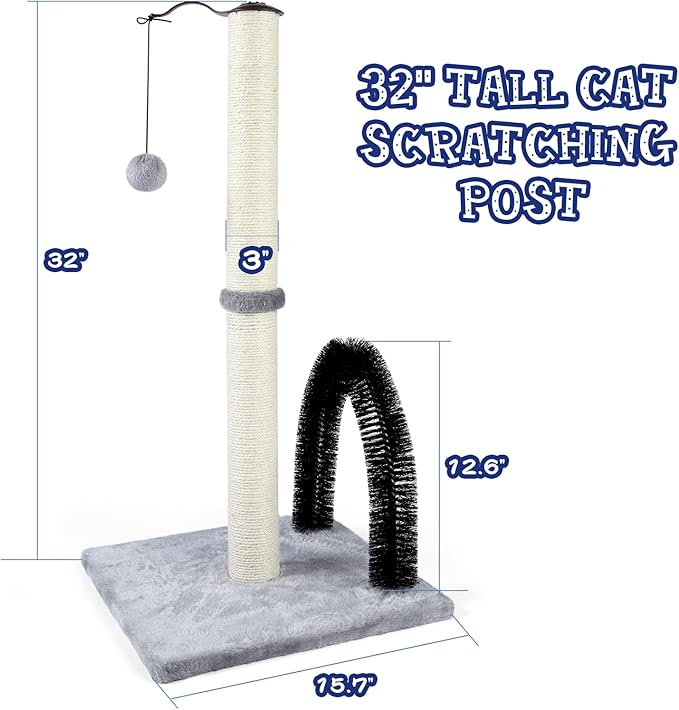 ANWA Tall Cat Scratching Post with Arch Self Groomer Massager, 32" Scratching Post for Indoor Cats from Kitten to Adult Cats, Stable Sisal Cat Post with Extra Interactive Dangling Plush Toy