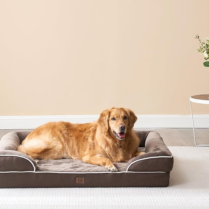 EHEYCIGA Orthopedic Dog Beds for Extra Large Dogs, Waterproof Memory Foam XL Dog Bed with Sides, Non-Slip Bottom and Egg-Crate Foam Big Pet Couch Bed with Washable Removable Cover, Brown