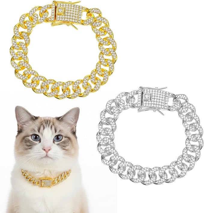 2Pcs Cuban Link Dog Collar Cat Chain Collar Diamond Cat Collar Kitten Walking Collar with Secure Buckle Rhinestones Necklace Metal Chain Jewelry Accessories for Cats Dogs Kittens