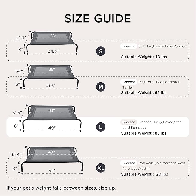 Bedsure Outdoor Elevated Dog Bed Large Sized Dog, Portable Indoor & Outdoor Cooling Raised Cot Pet Hammock Bed with Skid-Resistant Feet, Frame with Breathable Mesh, Khaki, 49 inches