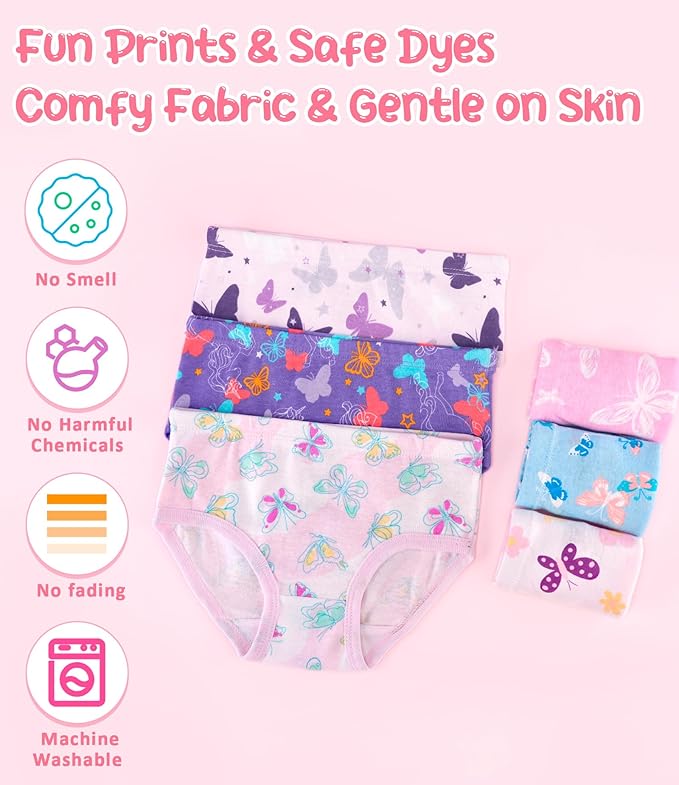 Girls and Toddlers 100% Cotton Underwear Tagless Soft Panties Size 2-3T,4-5T,6,8,10,12 (6-Pack)