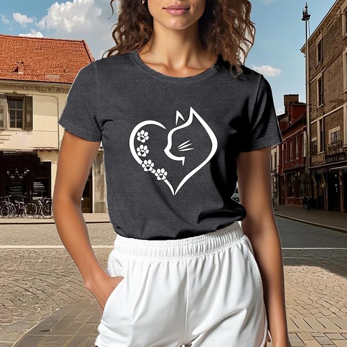 Cat Shirts for Women Cat Mom Tshirts Pet Lover Shirt Cats Paw Print Tee Tops