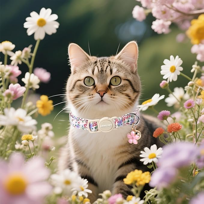 ARING PET 2 Pack Cat Collar-Cute Kitty Collars with Bell & Pendant, Adjustable Floral&Strawberry Kitten Collars with Safety Buckle for Girl and Boy Pets