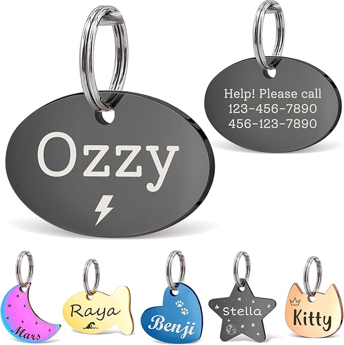 Anavia Small Size Dog Cat ID Tags, Small/XS Personalized Color Plated Stainless Steel Puppy Kitten Name Tags, Customized Engraved Nameplate Pet Collar Tag (Black, Oval)