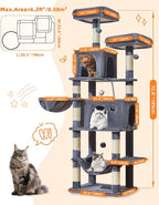 Taoqimiao Large Cat Tree，73-Inch Cat Tree Tower with 9 Scratching Posts for Indoor Cats, 2 Large Cat Condo with Hammock, Hanging Basket, 2 Extended Platform, Smoky Gray MS013XLG