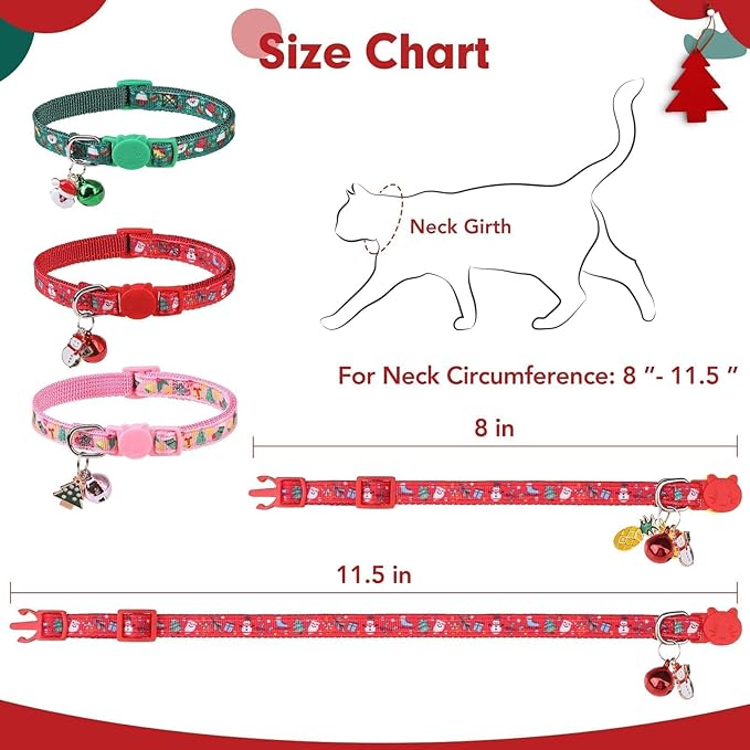 BINGPET Cat Collar, 3 Pack Adjustable Breakaway, Cute Kitty Collars with Bell, Christmas, for Girl Boy Cats & Small Pets