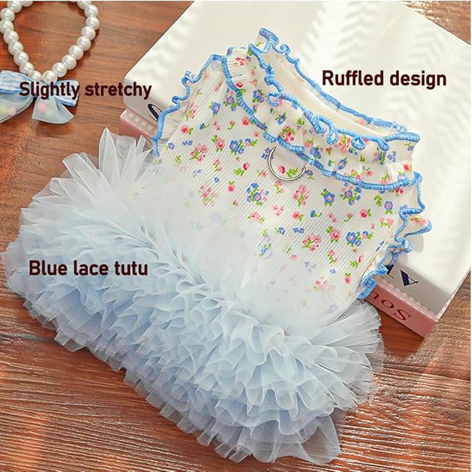 Floral Puppy Dress with D-Ring Ruffled Small Dog Clothes Female Spring Cat Outfit Sleeveless Pet Princess Skirt Cute Dogs Tutu Dresses (Blue, Medium)