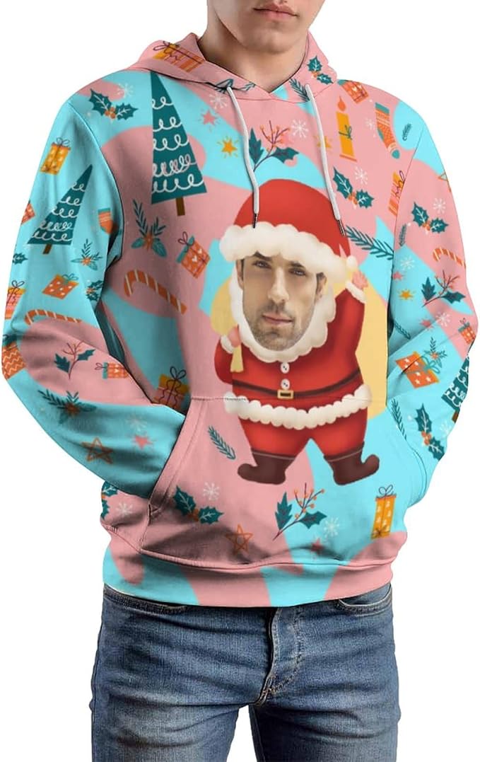 Artsadd Custom Face Unisex athletic Pockets Sweatshirt Loose Hoodie Custom Christmas Long Sleeve Sweatshirt Hooded Pullover