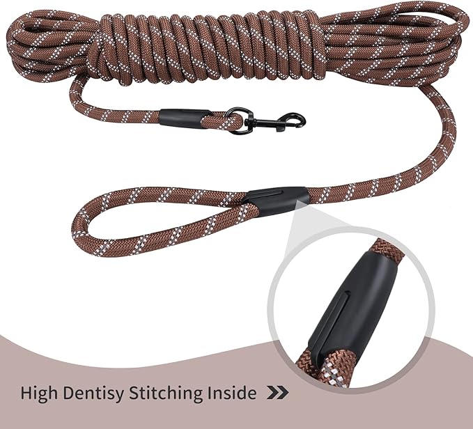 Long Dog Leash for Training 50Ft-Reflective Nylon Rope with Swivel Hook-Recall Agility Lead for Large Small Medium Dogs Outside Walking Hiking-Brown