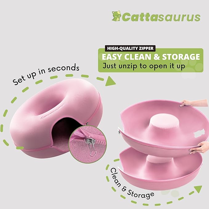 Cattasaurus Peekaboo Cat Cave Donut for Multiple & Large Cats up to 30-45 lbs, 3-in-1 Self Warming Cat Bed, Tunnel & Scratcher for Indoor Cats, Washable & Detachable Small Dog Bed (Pink, Jumbo)