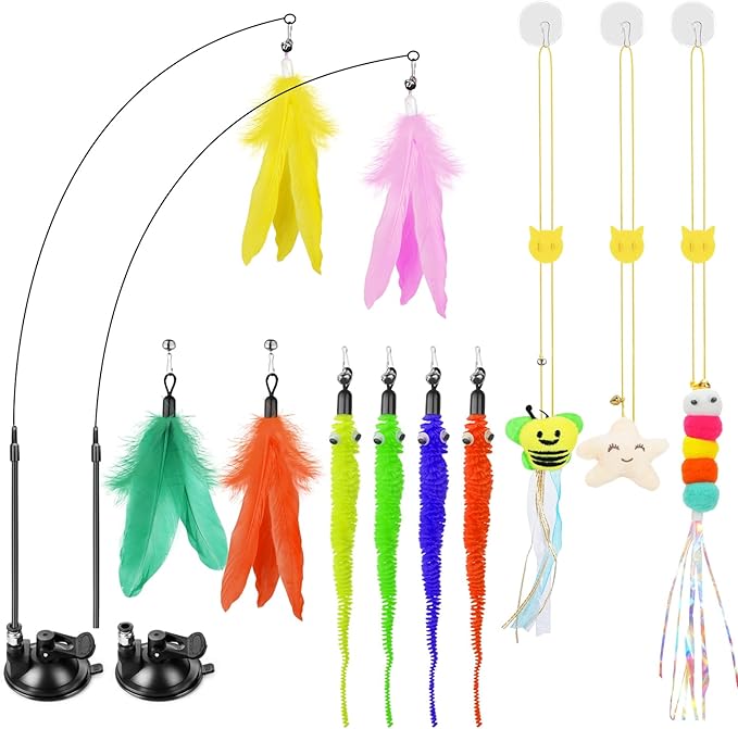 Cat Wand Toy, Interactive Kitten Feather Toys Self Play, Cat Teaser for Indoor Cats Reusable Suction Cup Toys for Indoor Cats Kittens Play Exercise