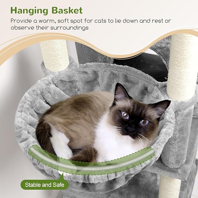 Globlazer Cat Tree Tall, 71 inches Cat Tower for Indoor Adult Cats Multi-Level 3 Condos for Indoor Cats XL Cat Tree Tower with Scratching Posts, Soft Extra Large Hanging Basket, F71, Light Gray
