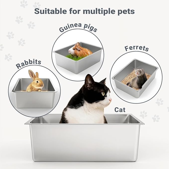 Kirecoo Stainless Steel Cat Litter Box - Metal High Sided Cat Pan, Large Stainless Steel Box, Indoor Litter Tray, Non Stick, No Smell, Easy to Clean, Pet Toilet Supplies for Kitten, Kitty, Rabbit