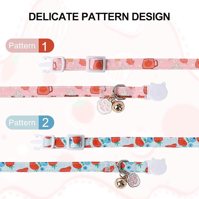 Unique Style Paws Kitten Collar,Cute Cat Collar with Bell,Kitten Collar Breakaway Buckle with Strawberry,Pumpkin Pattern,Adjustable Halloween Cat Collar,Ideal Gift for Boy Girl Cats