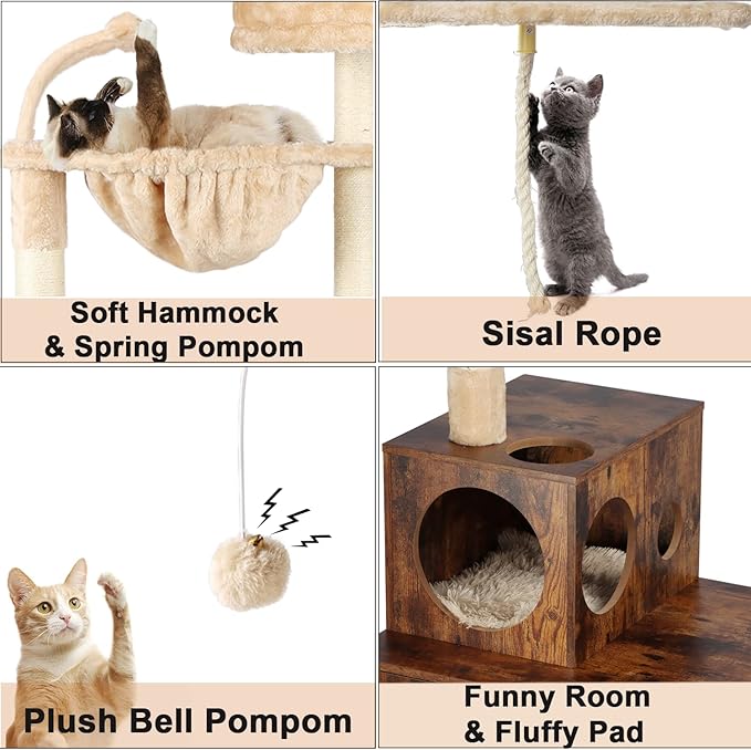 Cat Tree with Litter Box Enclosure, 2-in-1 Cat Tower for Indoor Cats, Large Wood Cat Condo with Basket, Scratching Posts, Pompoms, Rustic Brown