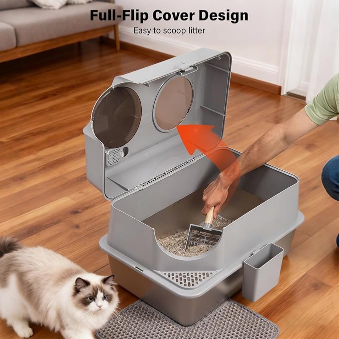 Extra Large Stainless Steel Litter Box with Lid, High Sided Enclosed Metal Cat Litter Box, Dog Proof Front Entry Top Exit, Odor Control, Easy to Clean, Leak Proof, Included Scoop & Mat
