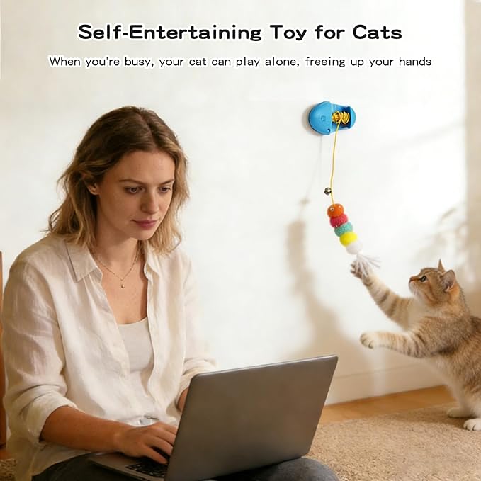 Puffluv Interactive Cat Toy for Indoor Cats, Automatic Electric Flying Bird Feather Wand Toy,Hanging Feather Wand with Stretch Cord, Rechargeable Teaser for Kittens and Adult Cats Play,Blue