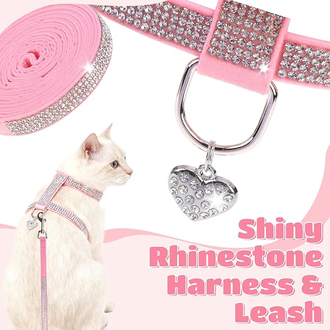 EXPAWLORER Cat Harness and Leash Set - Escape Proof Adjustable Cat Harness, H-shped Comfortable Soft Lightweight Kitten Harness for Outdoor Walking, for Small Medium Cats,Pink Rhinestones S