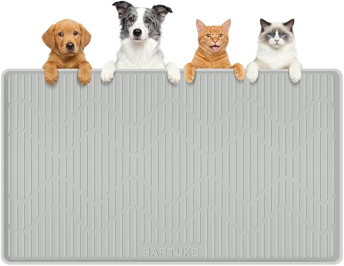 Silicone Cat & Dog Food Mat, 40" x 22" Extra Large Pet Feeding Mat for Cats and Dogs Bowl, Pet Placemat for Food and Water with Raised Edge, Waterproof, Leakproof (Grey)