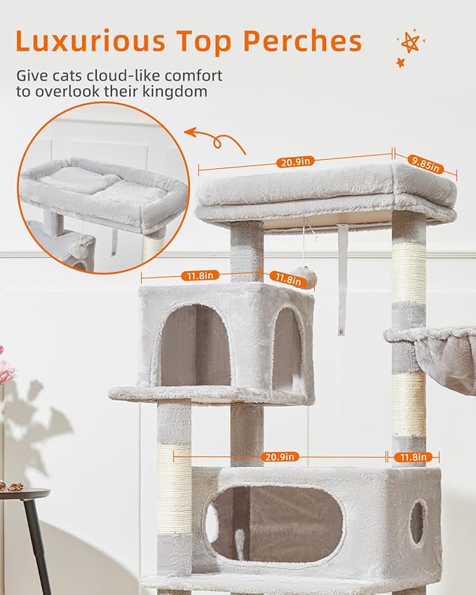 Taoqimiao Cat Tree,49-Inch Cat Tower for Indoor Cats,2 Luxurious cat condo with Adjustable Large Hanging Baskets and Large Luxurious Perch Light Gray MS029LW