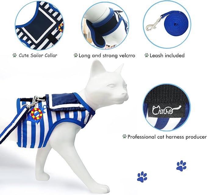 Cat Harness and Leash for Walking Escape Proof, Adjustable Cat Vest Harness, Padded Stylish Cat Walking Jackets, Sailor Suit Navy, Large