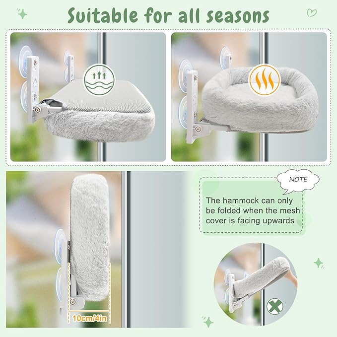 Sunhoo 2PCS Cat Window Perch Hammock Cordless Kitty Sunny Bed Seat Window Sill Shelf for Inside Cats Foldable Lounger with 4 Strong Suction Cups Soft Plush Cover 21 * 11.8 in Holds up to 40lbs (Grey)