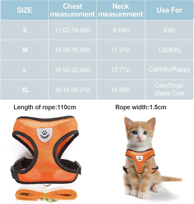 shudyear Summer cat Chest Harness and Leash, Anti-Escape Adjustable Soft mesh cat Leash and Chest Harness Set for All Types of Cats cat Vests (Size S, Orange)