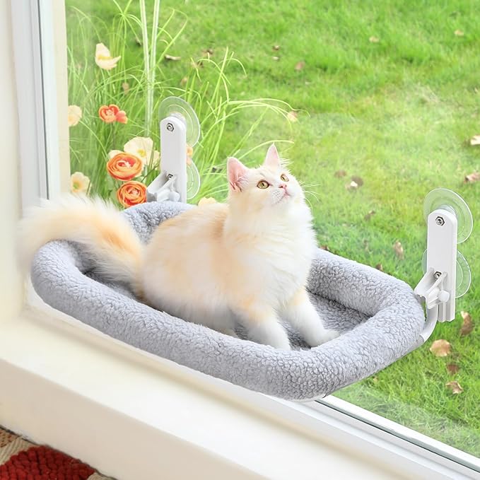 Zakkart Foldable Cat Hammock for Window - Cordless, Embeded Machine Washable Bed, Robust Metal Frame - Cat Window Perch for Large Cats and Kittens (Gray Bolster Bed, Large)