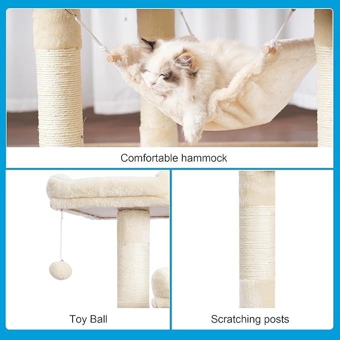 Hey-brother Large Multi-Level Cat Tree Condo Furniture with Sisal-Covered Scratching Posts, 2 Bigger Plush Condos, Perch Hammock for Kittens, Cats and Pets Beige MPJ020M