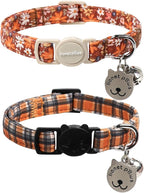 Lionet Paws 2pcs Pack Halloween Cat Collar,Brown Blossoms and Black Brown Grid with Breakaway Buckle,Cute Adjustable Cat Kitten Collar,Ideal for Girl Cats