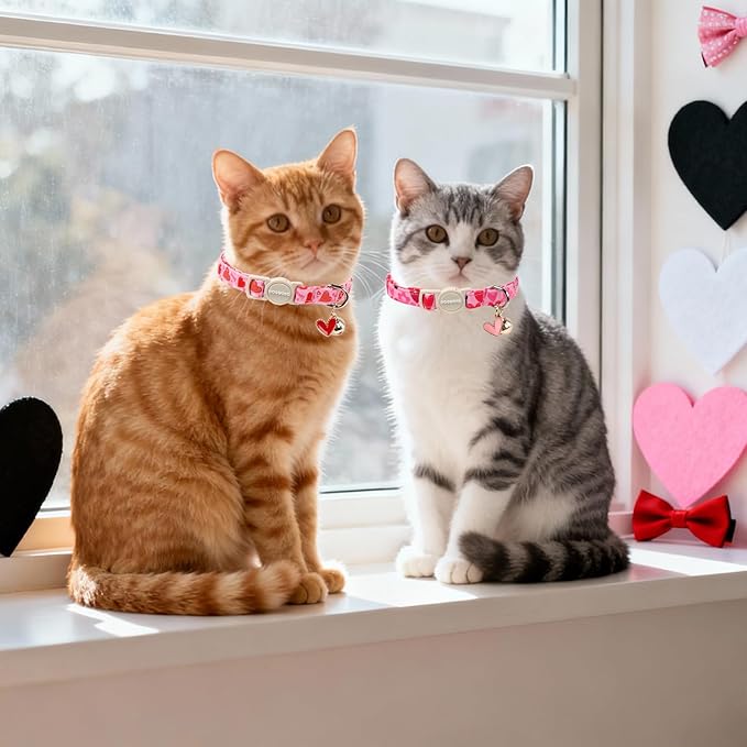 2 Pack Cat Collars Breakaway with Bell, DOGWONG Safety Buckle Valentine's Day Cat Collar Pink Heart for Girl Boy Cats and Small Dogs，Adjustable 7-12 Inch,Pet Supplies Accessories