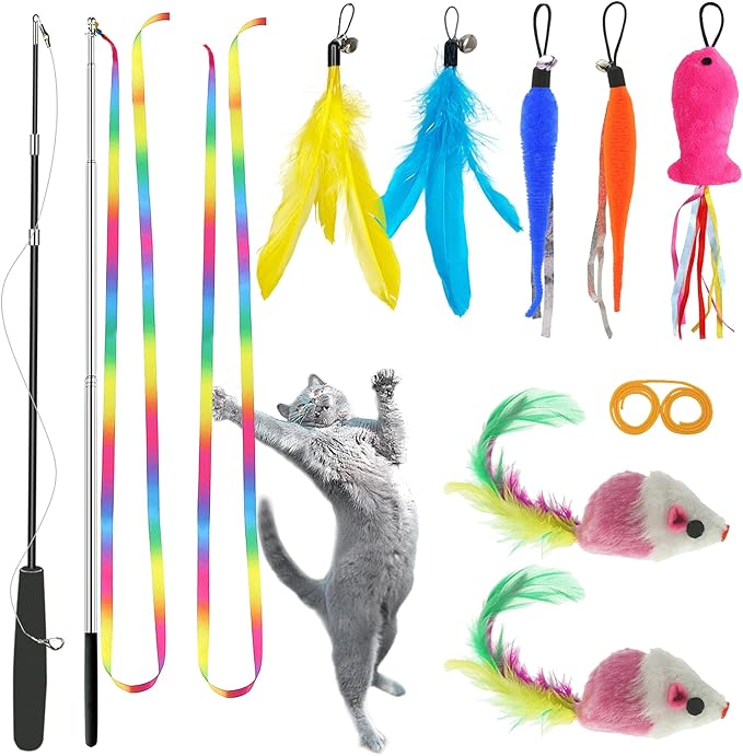 ZPH Cat Toys,Interactive Feather Variety Pack for Cats Wand Kitten Toy-Includ Cat Exercise Toy Fluffy Mouse Worms&Fish