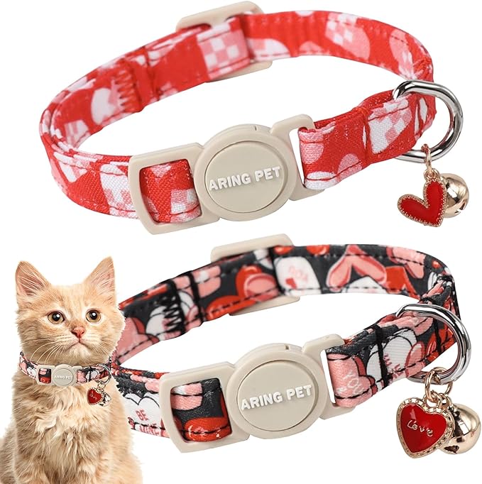 ARING PET 2 Pack Valentine's Day Cat Collars-Cute Heart Cat Collar Breakaway with Bell&Pendant, Adjustable Valentine Kitten Collars with Safety Buckle for Girl and Boy Cats