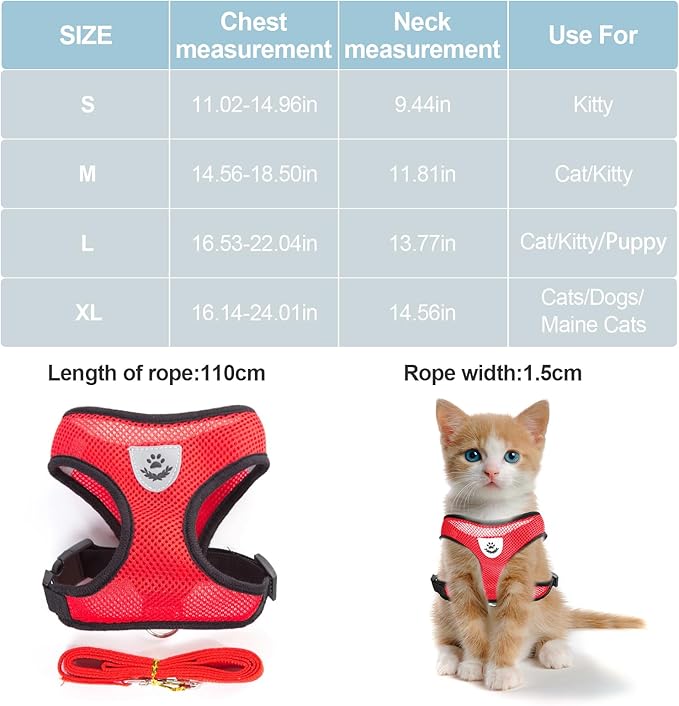 Shudyear Cat Harness and Leash, Adjustable Soft Mesh, Anti-Escape, Reflective Design, Size M, Red