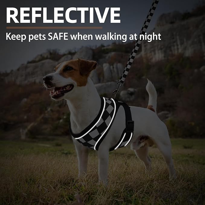 PUPTECK Soft Mesh Dog Harness and Leash Set Pet Puppy Cat Comfort Padded Vest No Pull Harnesses, Checkered Black&White, L