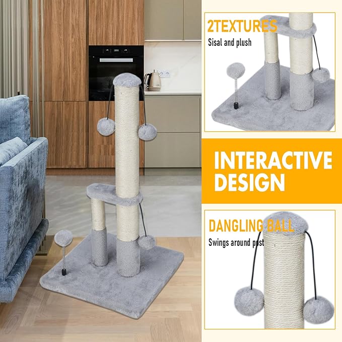 Dimaka Tall Cat Scratching Post, Double Lower Posts Extra Stable Cat Post Tree Scratcher with Sisal Rope and Teasing 4 Balls Total Large Base (Grey)