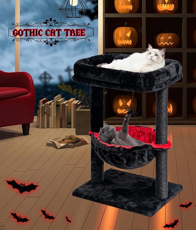 SYANDLVY Gothic Cat Tree with Coffin Bed for Indoor Cats, Activity Cat Tower with Scratching Post for Kittens, Cat Condo Furniture with Basket & Spider Hanging Ball for Play Rest