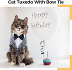 DENTRUN Cat Tuxedo Outfit, Sphynx Cat Costume Formal Suit with Bow Tie, Stylish Cat Shirt Fashion Apparel Fancy Clothes, Kitten Formal Attire Wedding Onesie Costume for Cats Only