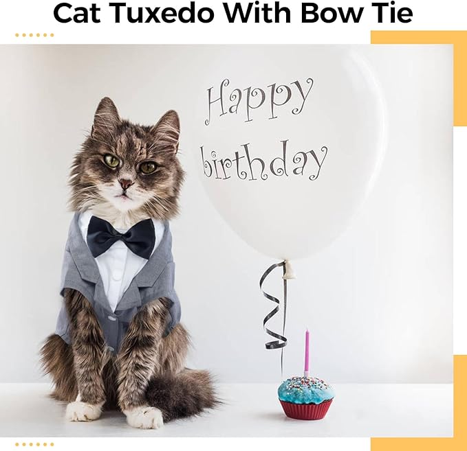 DENTRUN Cat Tuxedo Outfit, Sphynx Cat Costume Formal Suit with Bow Tie, Stylish Cat Shirt Fashion Apparel Fancy Clothes, Kitten Formal Attire Wedding Onesie Costume for Cats Only
