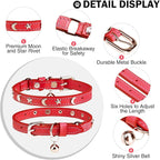 Leather Cat Collars for Boy Girl Cats with Bell and Safety Elastic Belt, Personalized Star and Moon Stud Adjustable Safe Buckle Collar for Kitty Small Big Cats Size 8-12 Inch, Red