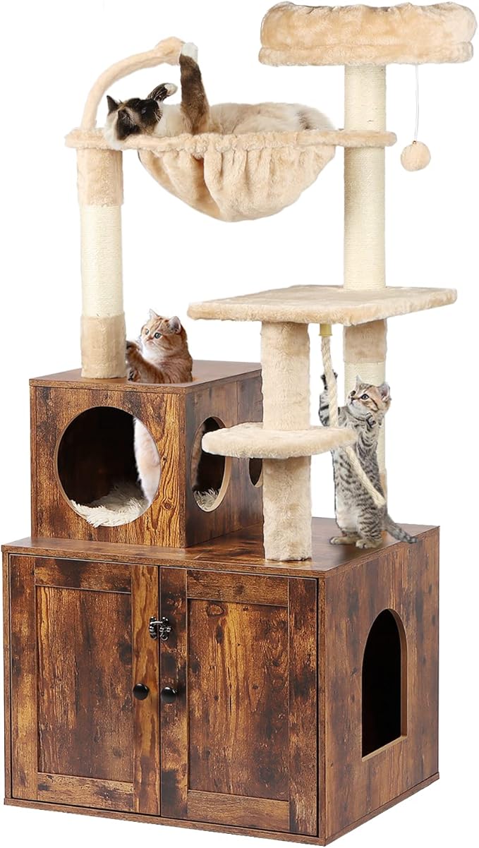 Cat Tree with Litter Box Enclosure, 2-in-1 Cat Tower for Indoor Cats, Large Wood Cat Condo with Basket, Scratching Posts, Pompoms, Rustic Brown