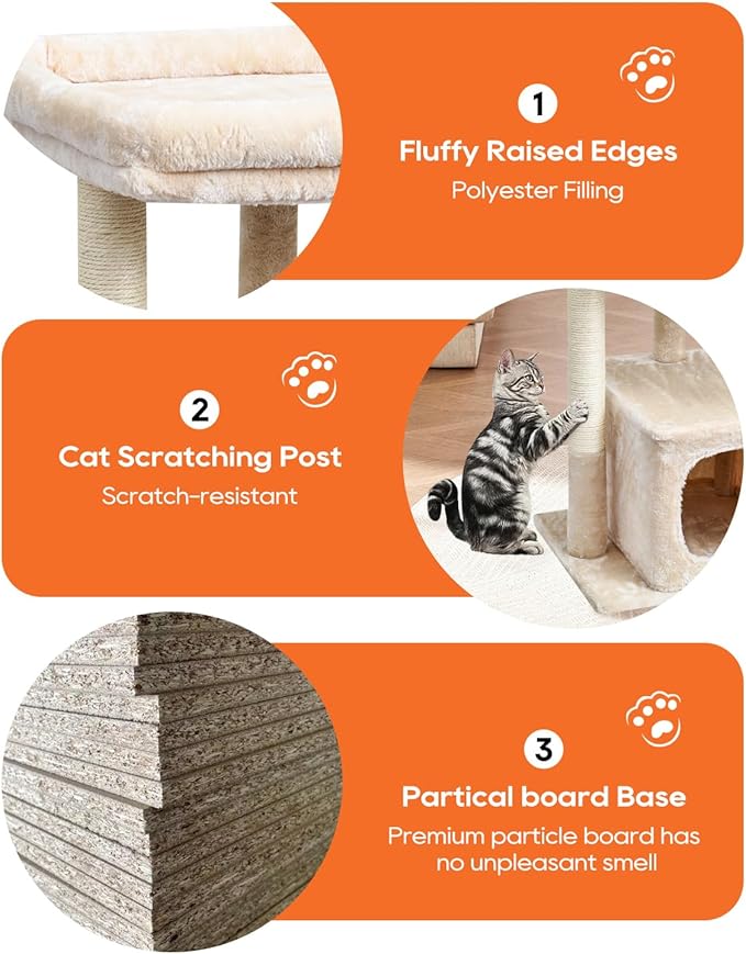 SYANDLVY 27" Cat Tree for Indoor Cats, Activity Tower with Scratching Posts, Modern Kitten Condo with Plush Perch & Hanging Ball for Play, Beige