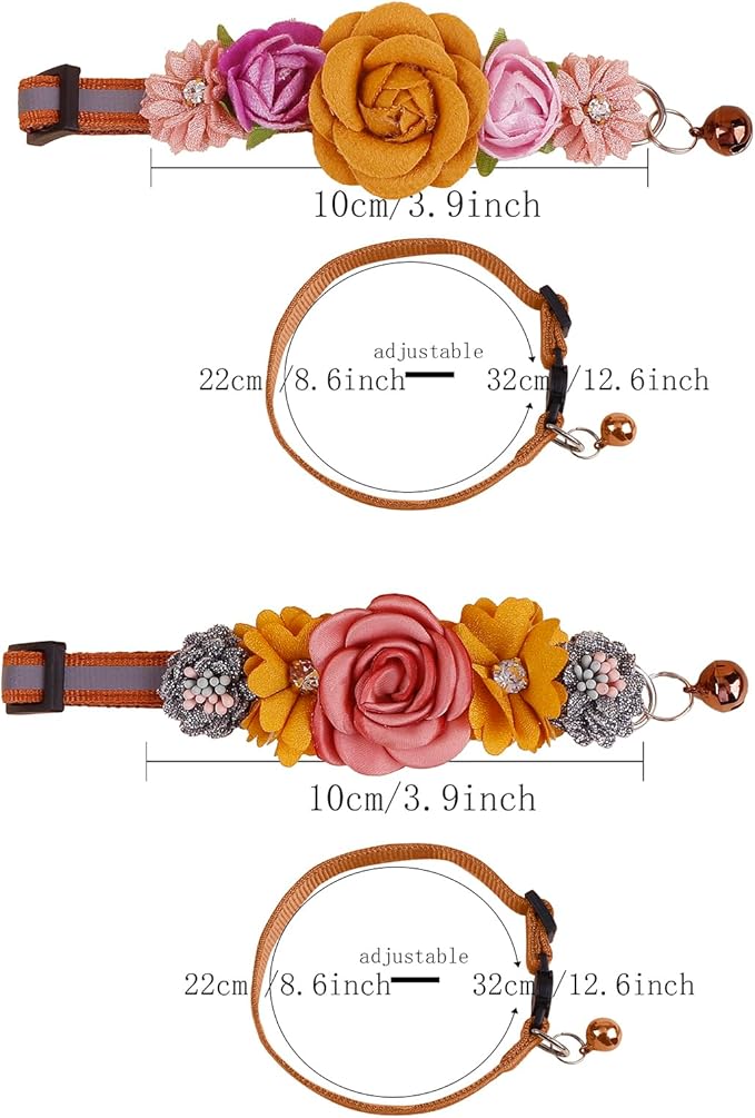2 Pack Cat Collar Pink Floral with Bell and Removable Flower Bowtie Breakaway Adjustable Cat Collar for Girl Kitten Puppy Small Cats Dogs Daily Decoration (XQ10-4)
