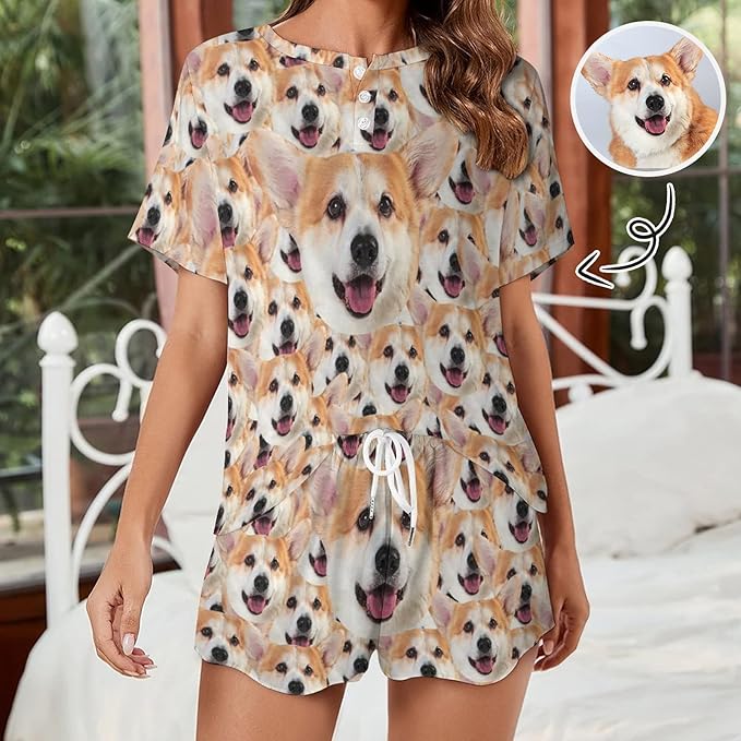 D-Story Custom Short Pajama Set with Pet Face Personalized Photo Sleepwear 2 Pieces Pjs Nightwear Xmas Gift for Women