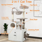 Cat Tree with Litter Box Enclosure, 2-in-1 Cat Tower for Indoor Cats, Large Wood Cat Condo with Basket, Scratching Posts, Pompoms, White