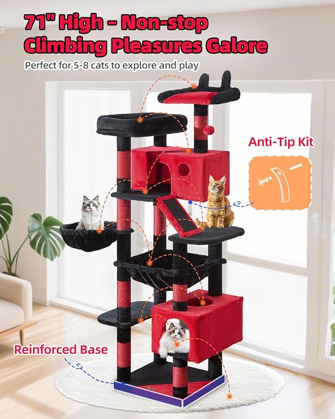 Taoqimiao Gothic Cat Tree 71-Inch, Cat Tower for Indoor Cats Large Adult, Multi-Level Large Cat Condo, 8 Sisal Scratching Posts, Metal Frame Cozy Hammock, Scratch Board, 2 Top Perches, MS026LBR
