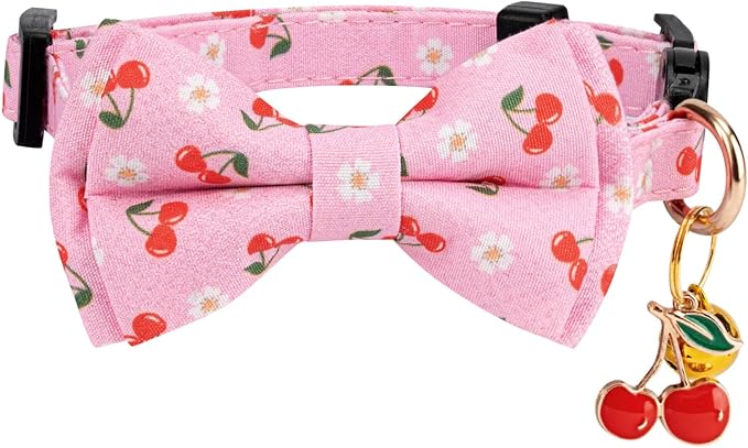 2 Pack Breakaway Cat Collar with Removable Bow Tie and Bell for Boy Girl Cats,Cute Cotton Kitten Collar with Purple Lavender and Red Flower Pattern for Female Male Cats (Cherry&Strawberry)